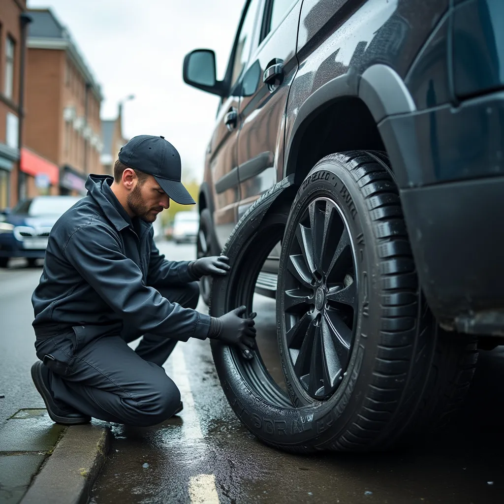 Technician changing tyre on vehicle outdoors