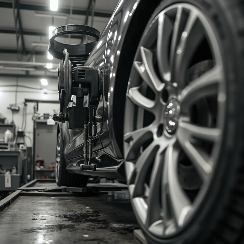 Closeup on tyre balancing machine in workshop