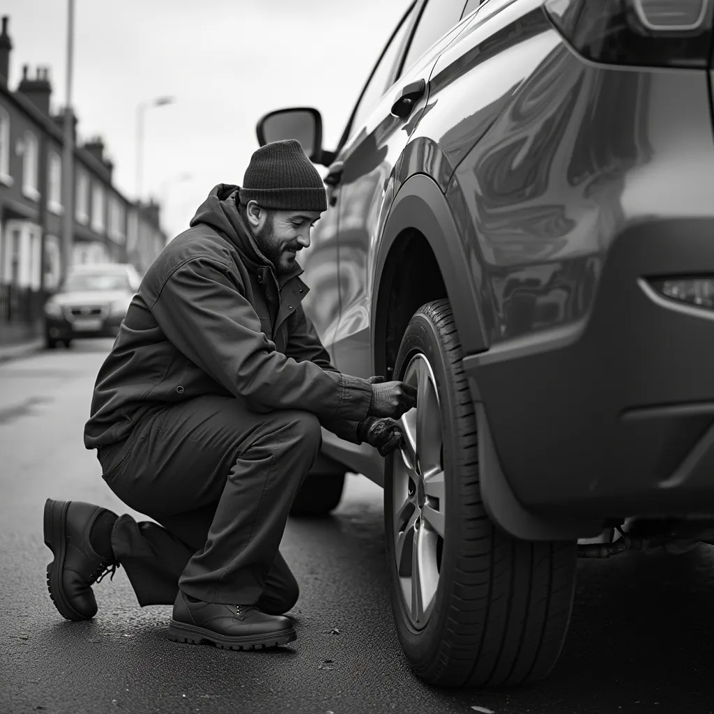 Customer receiving tyre installation service roadside