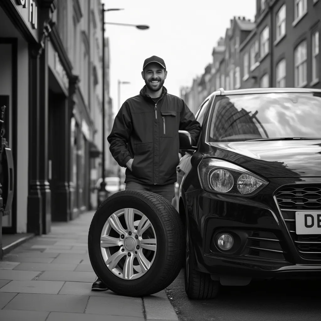 Smiling customer with new tyres