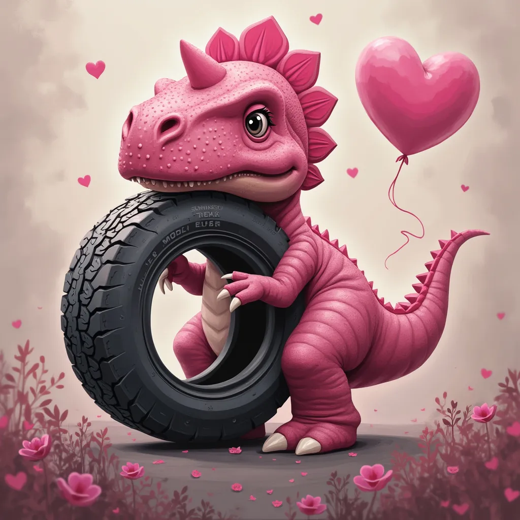 Valentine dinosaur holding a tyre